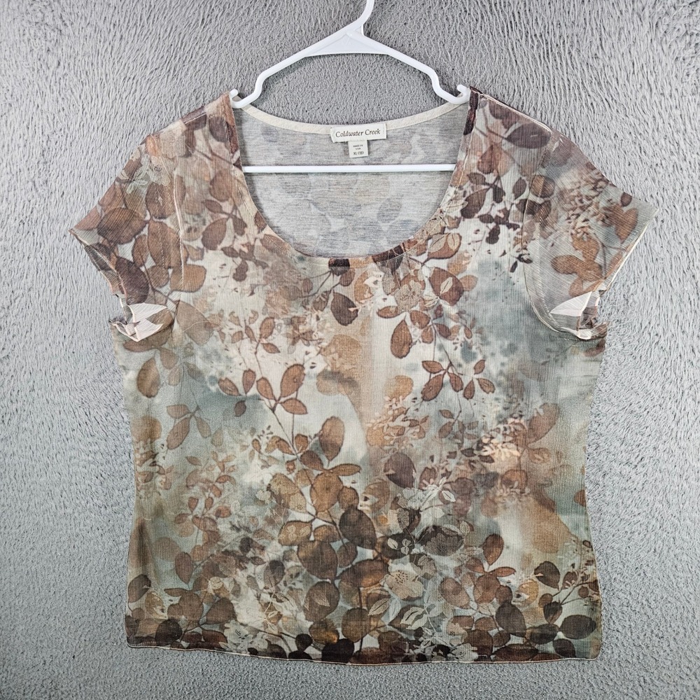 Coldwater Creek Womens XL 18 Floral Mesh Overlay Top Brown Earth Tones USA Made